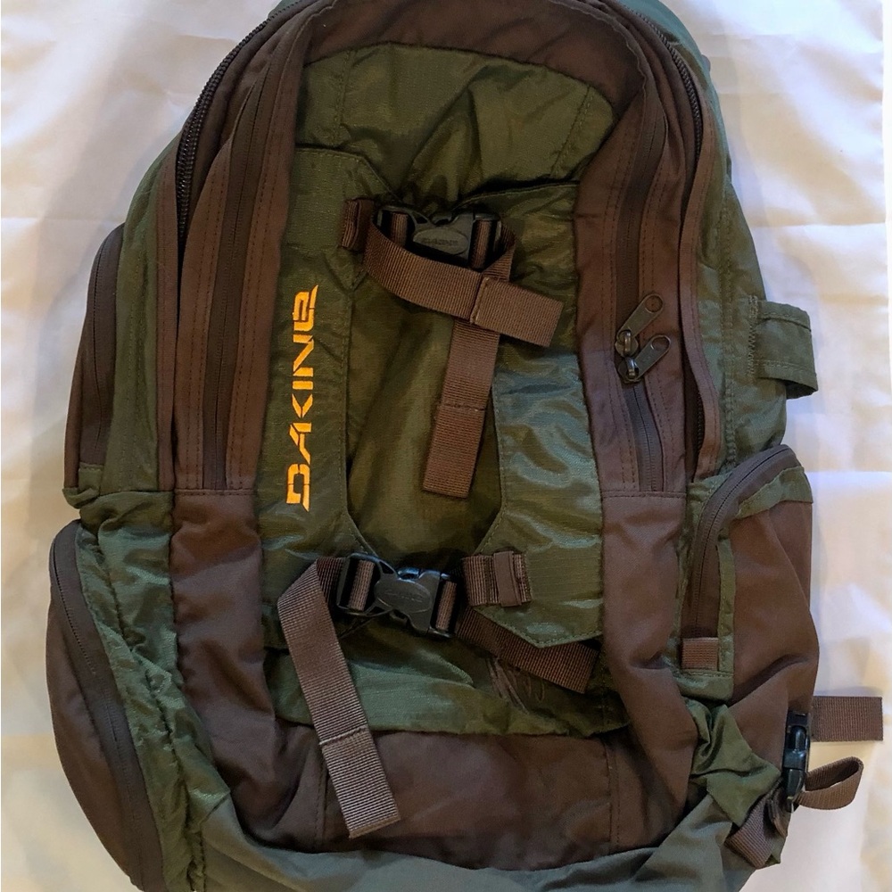 Dakine Olive Green and Brown Backpack with Yellow Logo